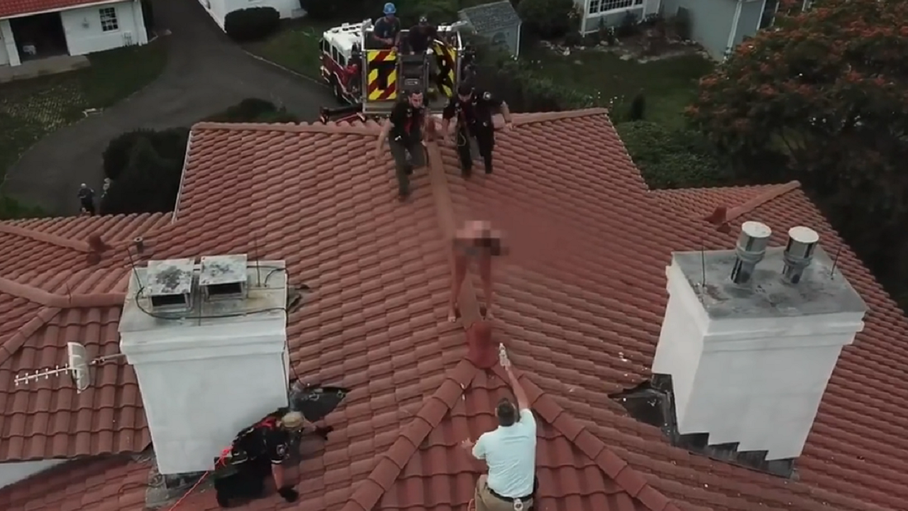 News :Drone video shows officer scaling house to arrest suspected female intruder perched on roof