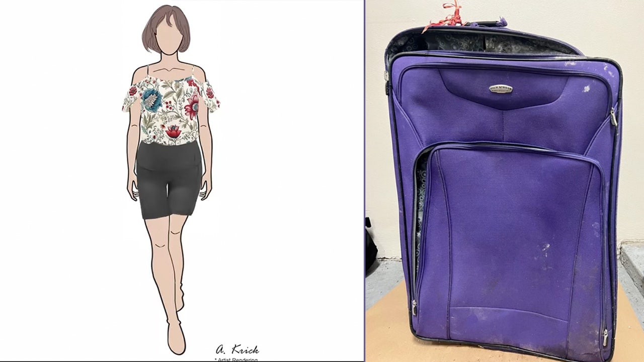Delray Beach Police Department rawing of woman wearing floral shirt and black shorts next to a purple suitcase.