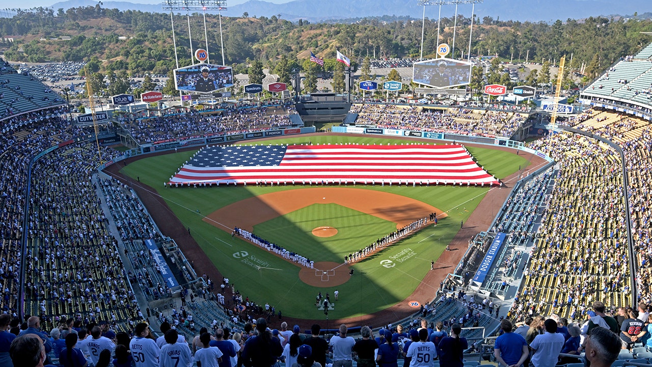 An American flag at Dodger Stadium