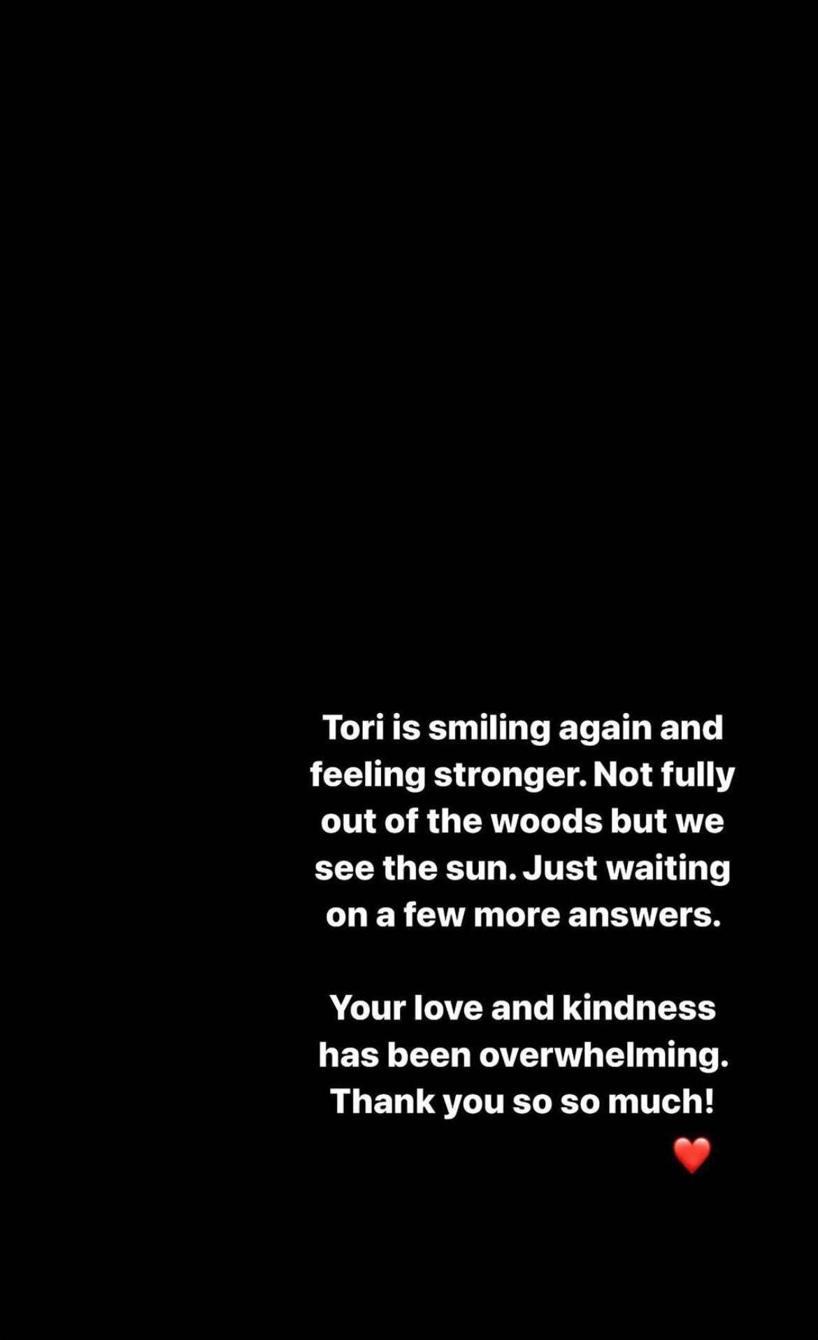 tori kellys husbands post on social media about her health scare and recovery