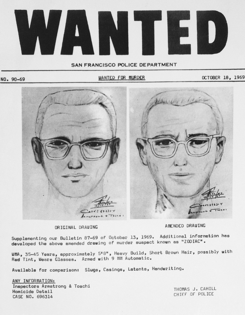 A wanted poster of the man believed to be the Zodiac killer.