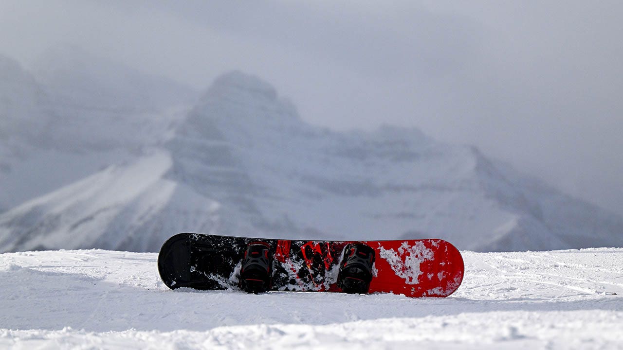 a snowboard seen on a mountain