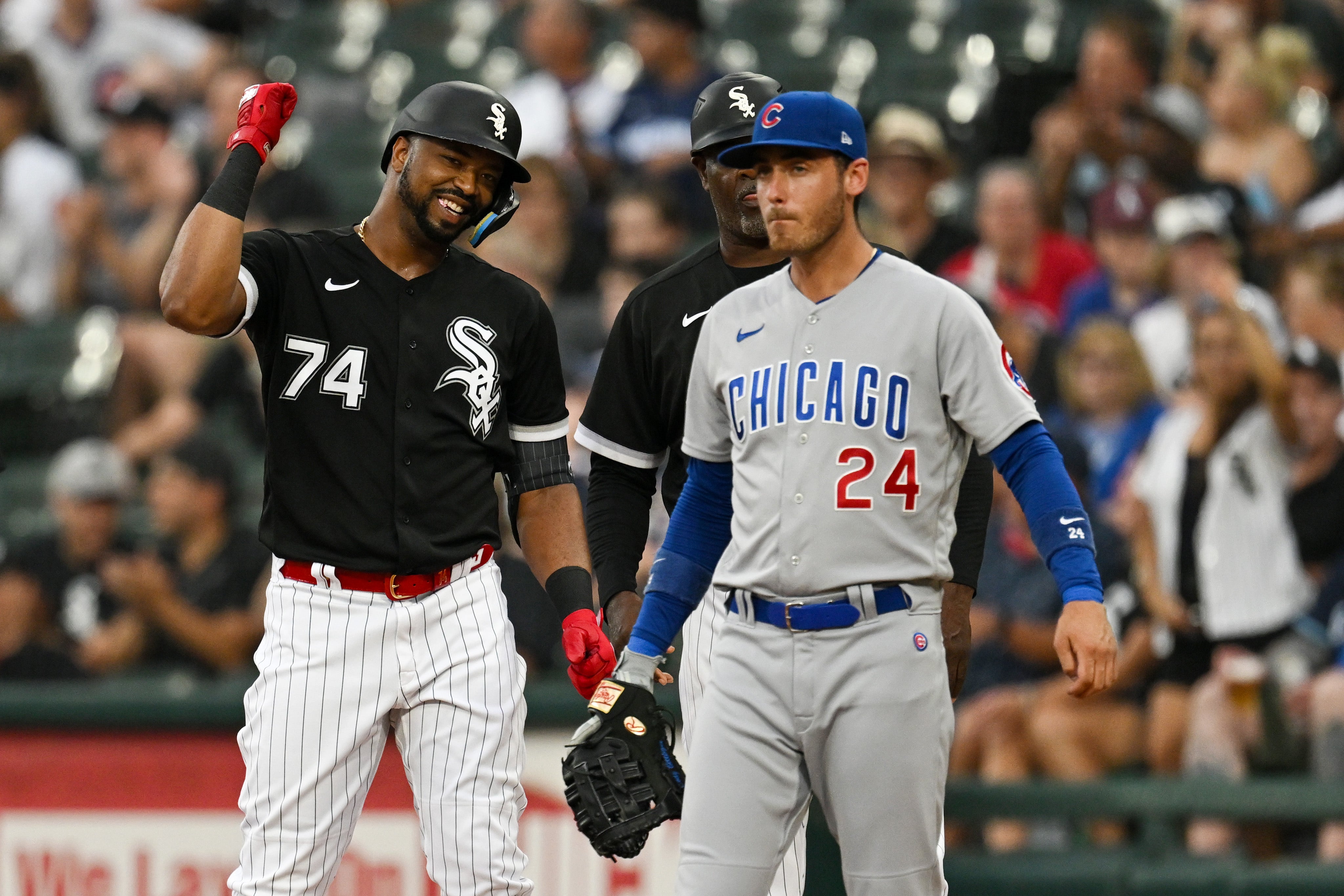 Chicago White Sox player reacts during game against Chicago Cubs