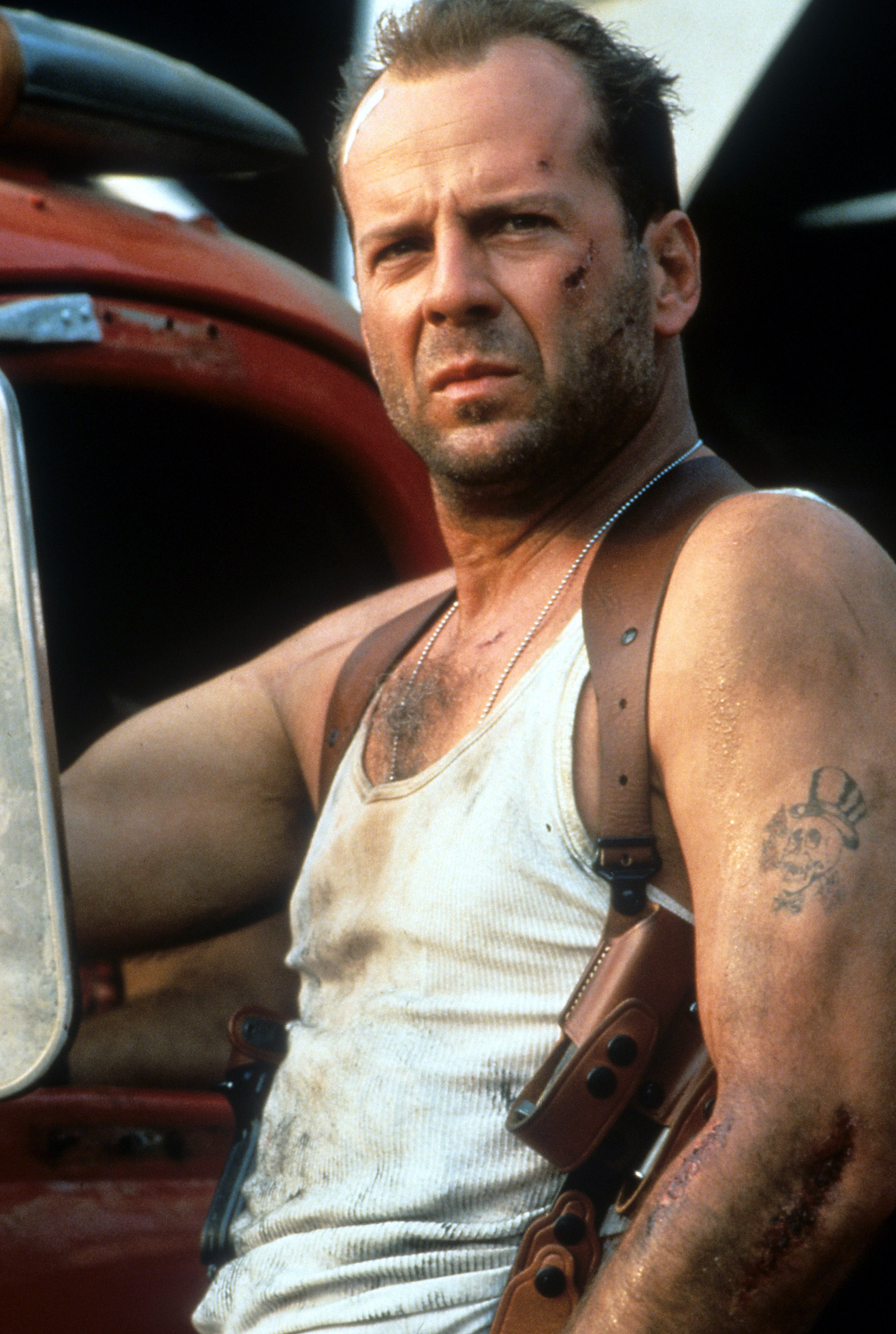 Bruce Willis wounded and disheveled in a scene from the film Die Hard: With a Vengeance
