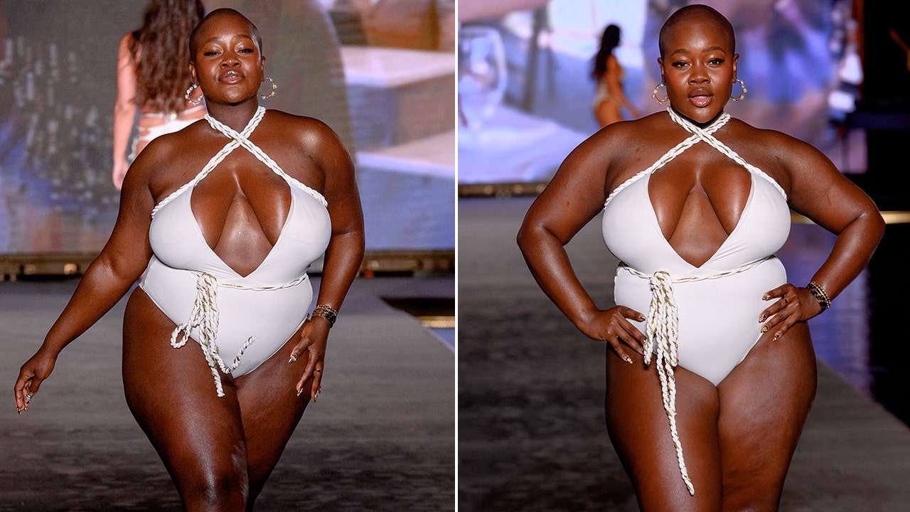 A side-by-side photo of Achieng Agutu wearing a white swimsuit