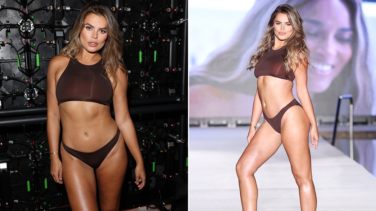 Side by side of Brooks Nader wearing a dark hued bikini