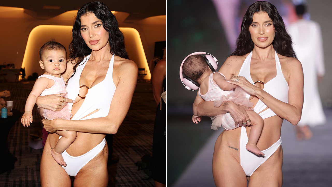A side-by-side photo of Nicole Williams English walking the runway with her daughter