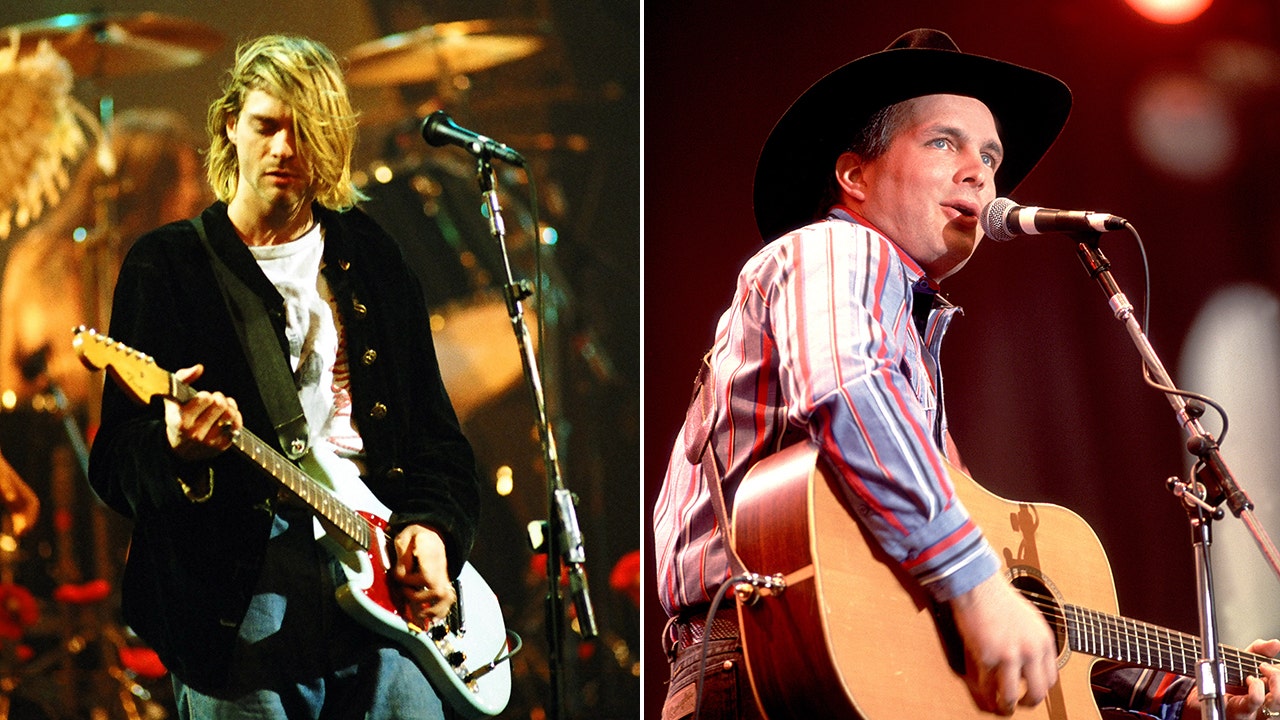 A side-by-side photo of Kurt Cobain and Garth Brooks holding guitars and performing on stage