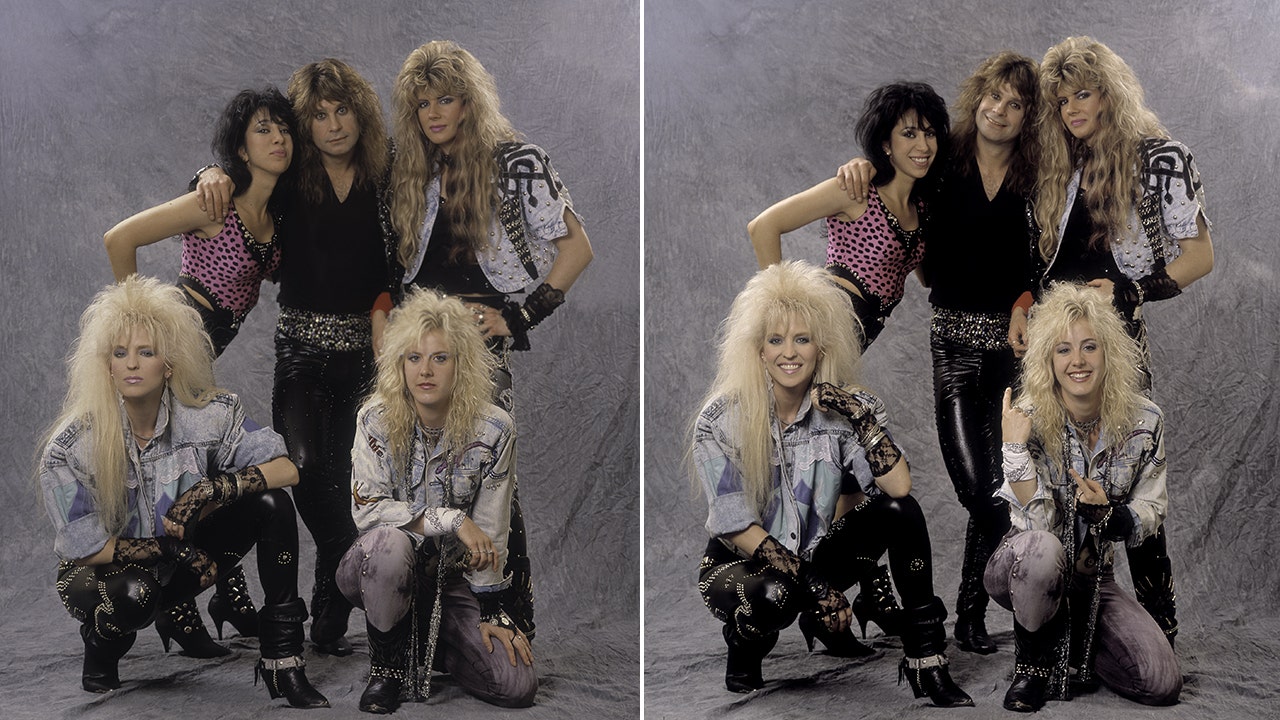 A side-by-side photo of Ozzy Osbourne withe band Vixen posing for a promo photo
