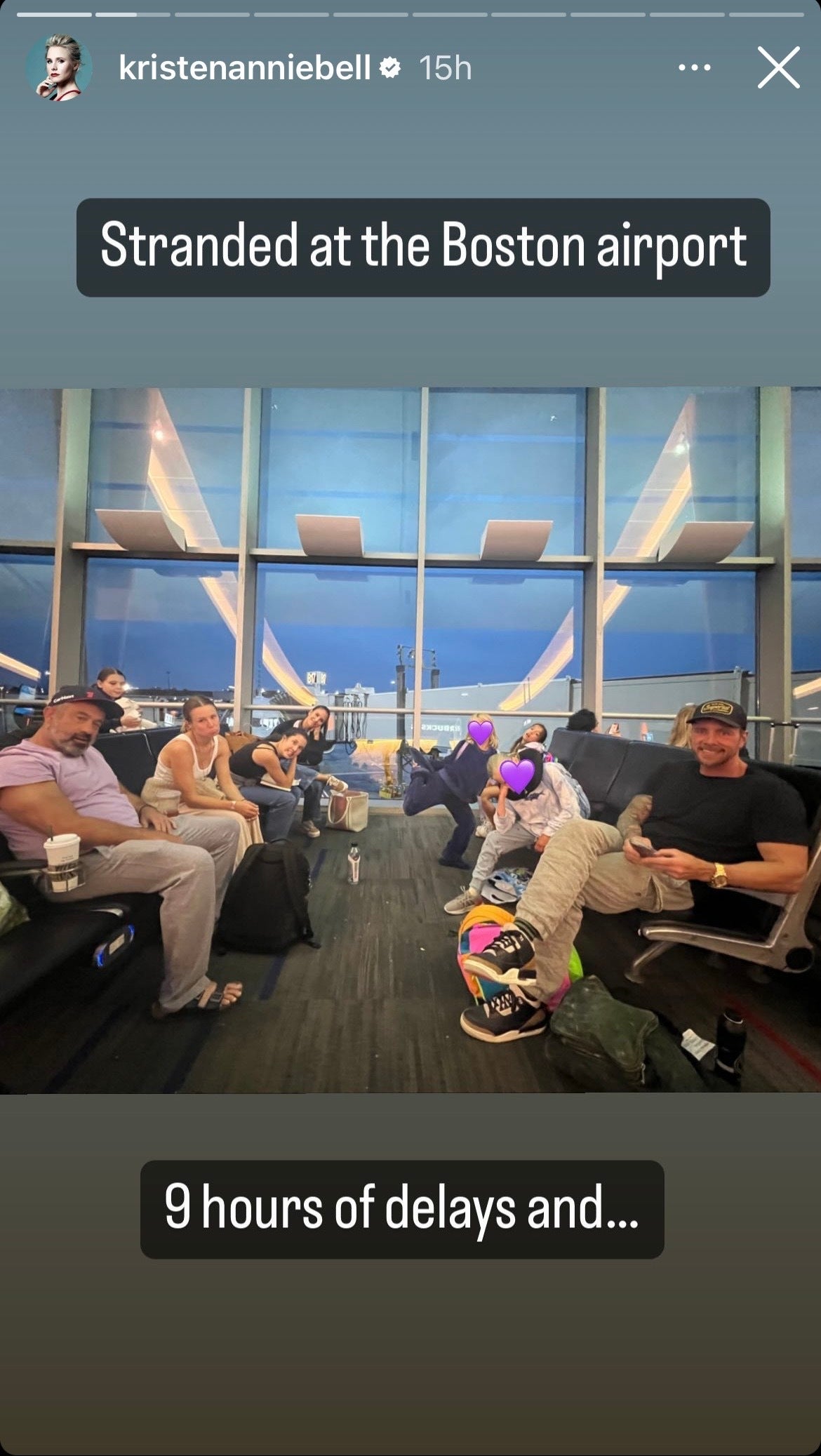 Kristen Bell "stranded at the Boston airport" with family and friends from her Instagram