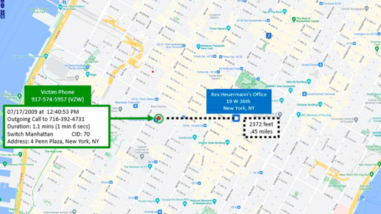 Rex Heuermann's office and the cell tower the victim's phone pinged off of plotted on a map.