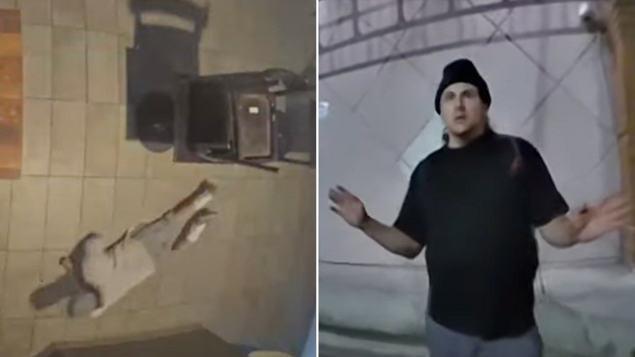 Left: Thief crawls on floor to avoid motion detectors, Right: Suspect with hands up wearing all black during arrest on Riverside police bodycam