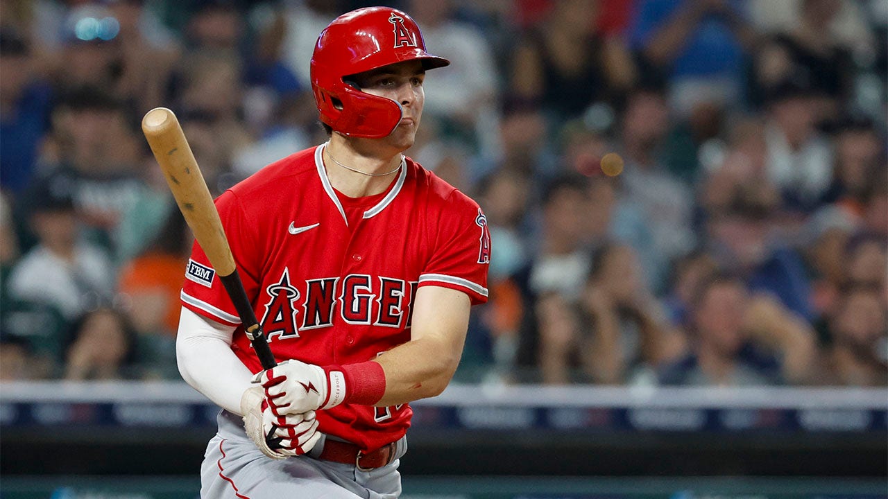 Los Angeles Angels center fielder Mickey Moniak looks on during the News  Photo - Getty Images