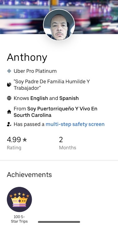 Anthony Oliveras-Rivera's Uber profile