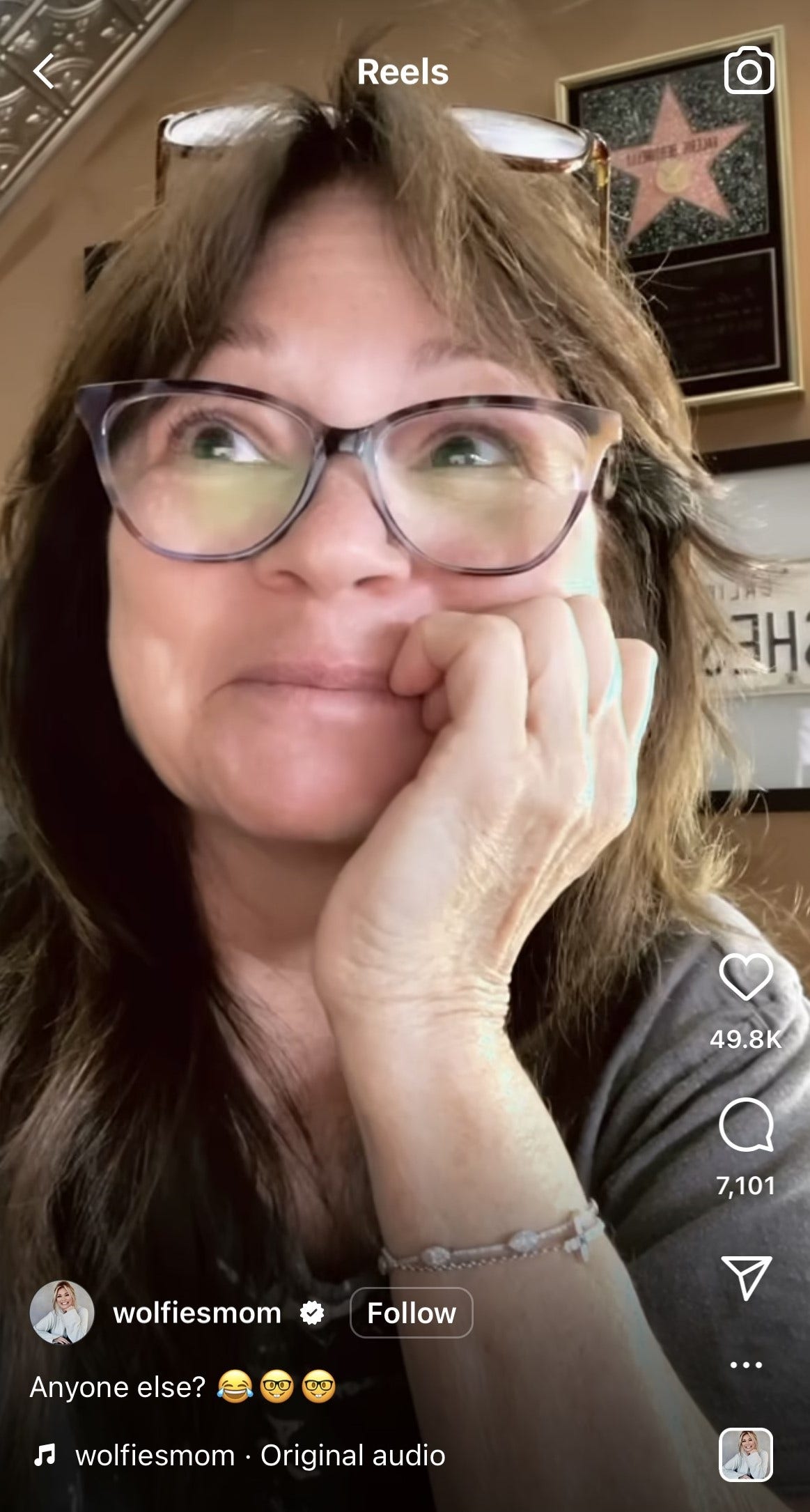 Valerie Bertinelli wearing glasses while sporting glasses on her head