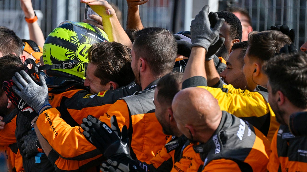 Lando Norris celebrates with team