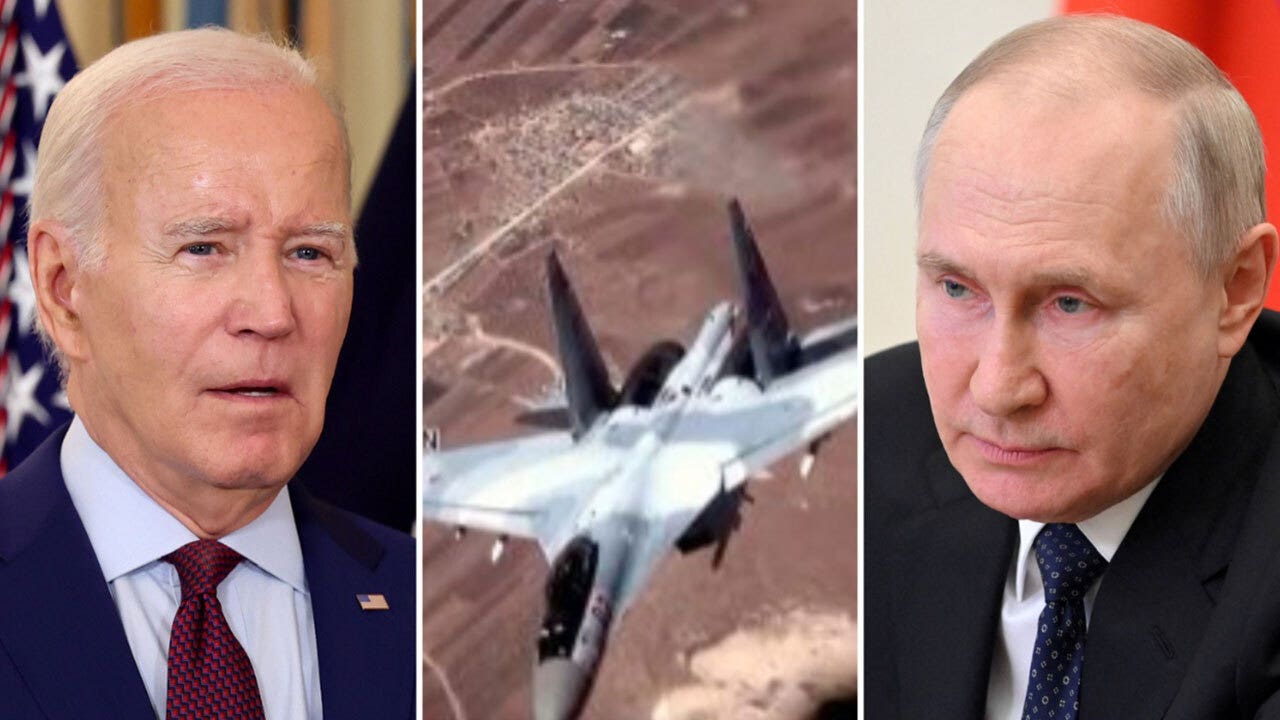 Nebeneinander Bild von Biden, Jet und Putin