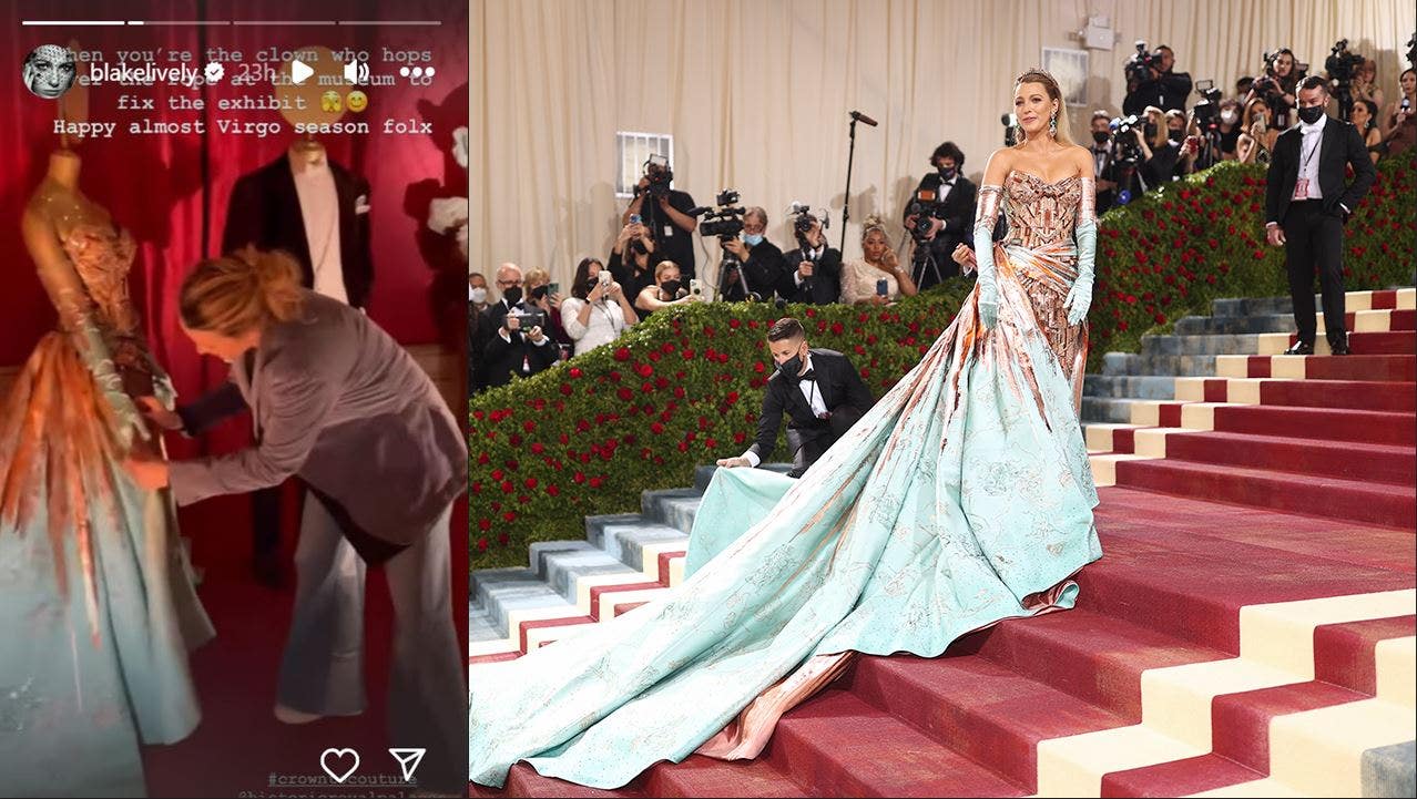 A split of Blake Lively fixing her dress and her wearing it at the 2022 Met Gala