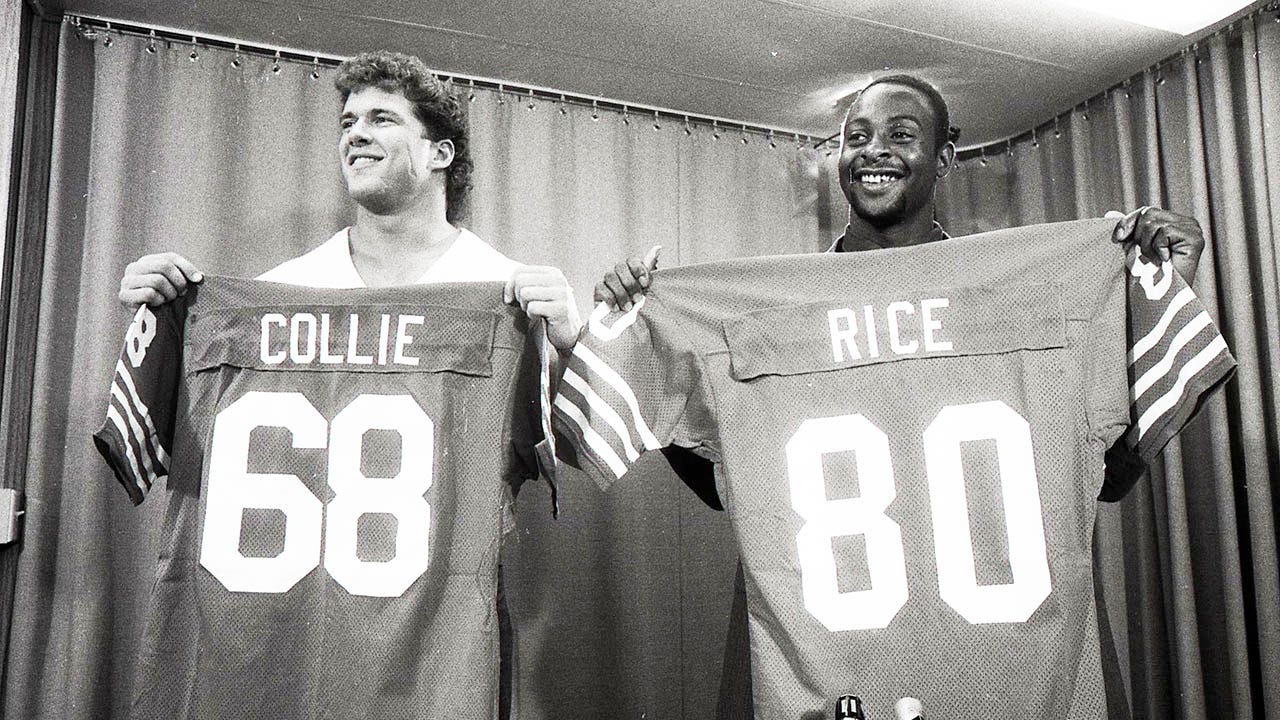 Jerry Rice and Bruce Collie pose after getting drafted in 1985