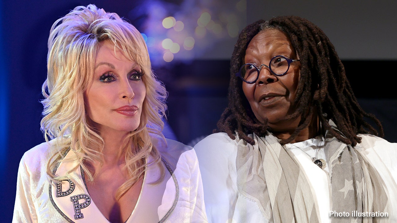 Dolly Parton looking to her left split Whoopi Goldberg in white looking to her right