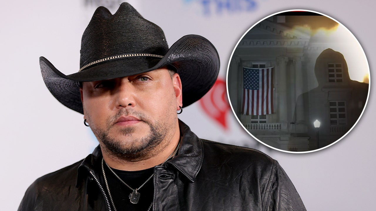 Jason Aldean looks serious in a black cowboy hat inset circle of "Try That In A Small Town" video