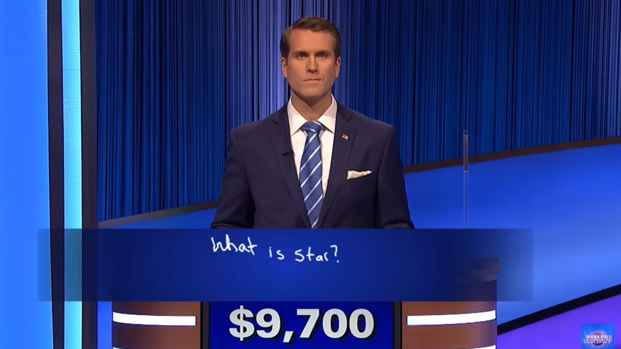 A photo of a "Jeopardy!" contestant during Final Jeopardy, he answered "What is star?"