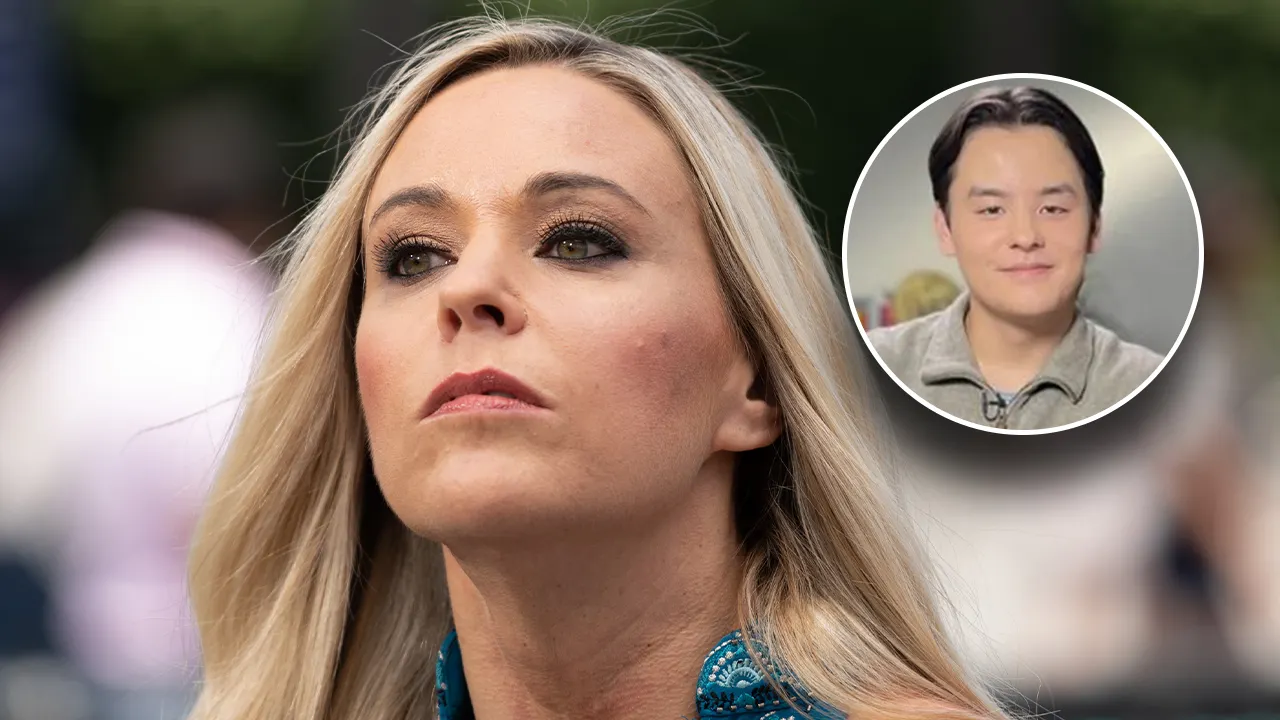Kate Gosselin looks up in a blue top inset circle of Collin Gosselin smiling