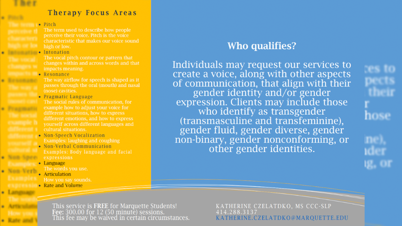 A flyer for gender affirming voice therapy at Marquette