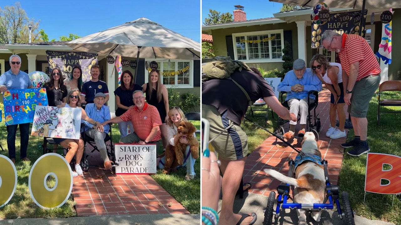 Robert Moore celebrated his 100th birthday surrounded by friends, family and 200 dogs, thanks to his daughter Alison Moore, 60, who spread word in their San Jose community. (Alison Moore)