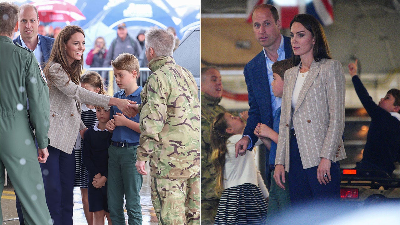 Two images of Prince William and Kate Middleton with their kids.