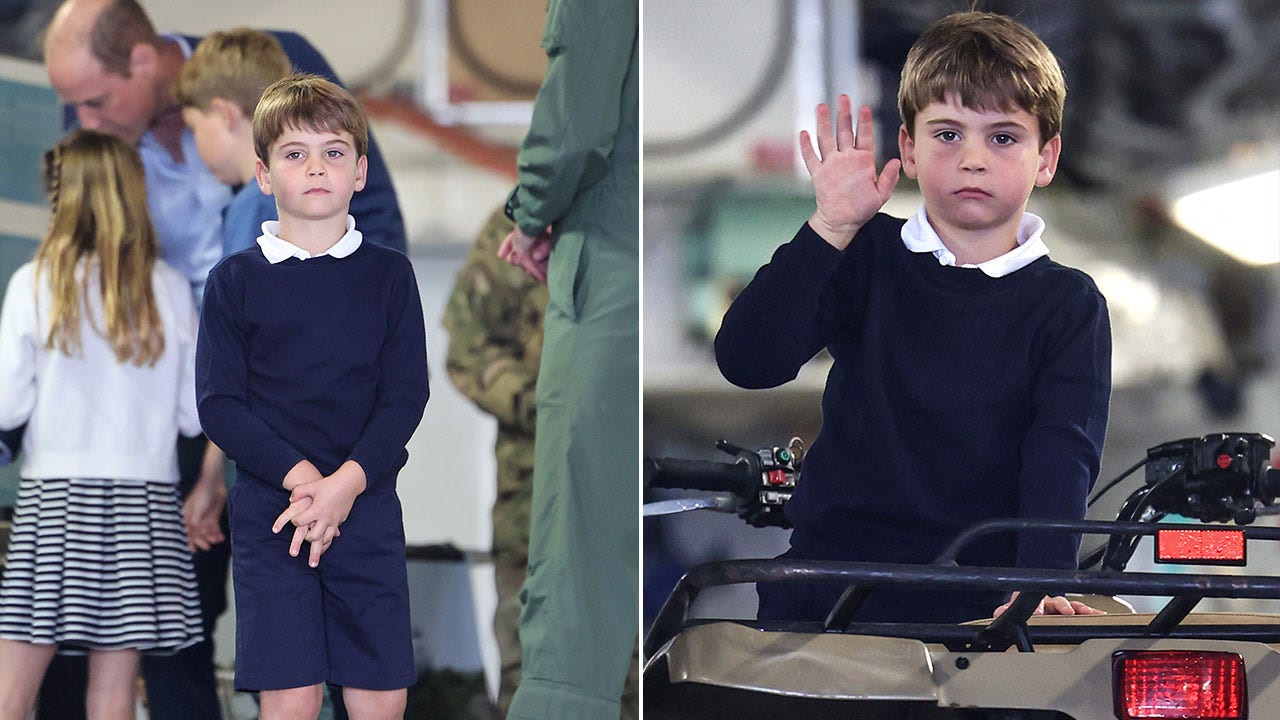 Two photos of Prince Louis posing.