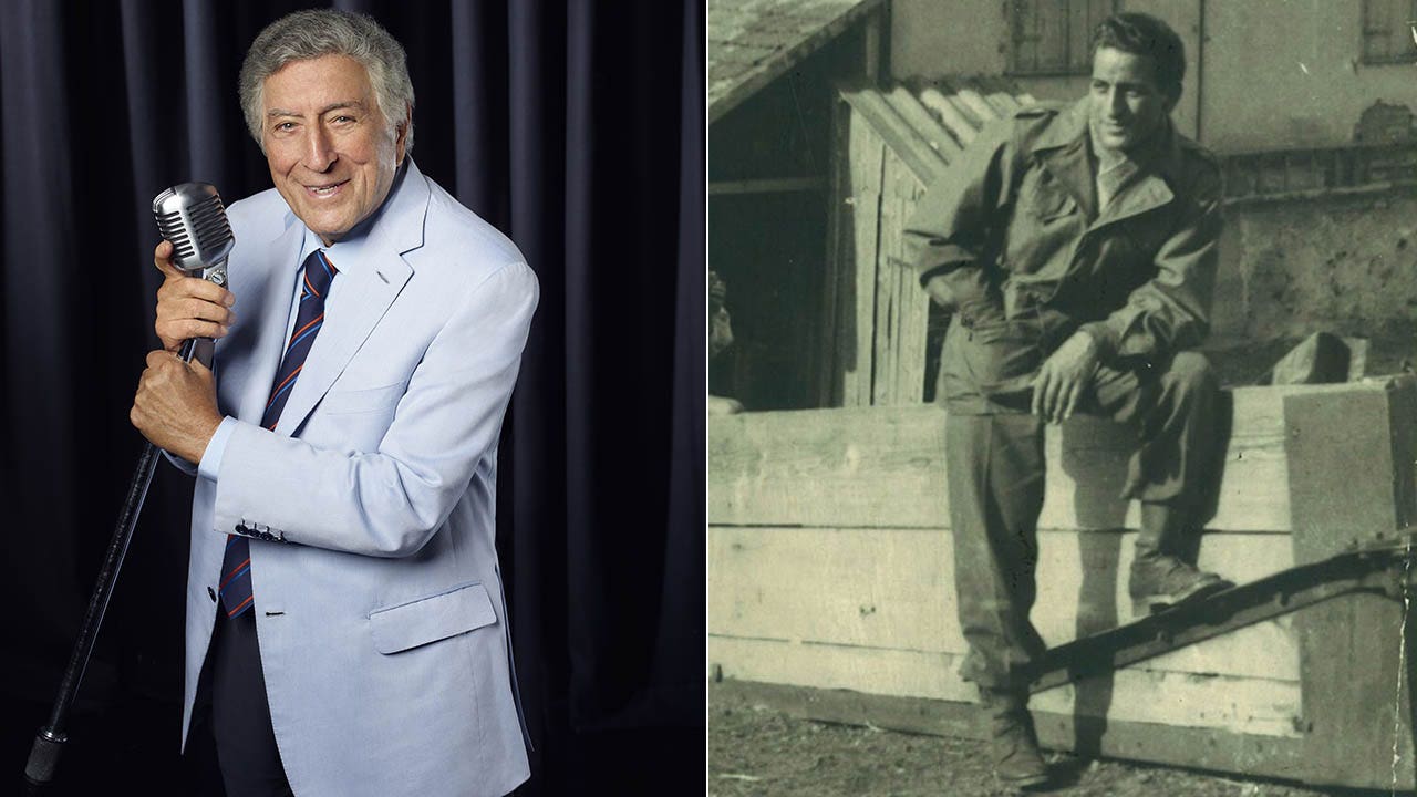 tony bennett smiling and holding microphone in 2016/tony in uniform during ww2