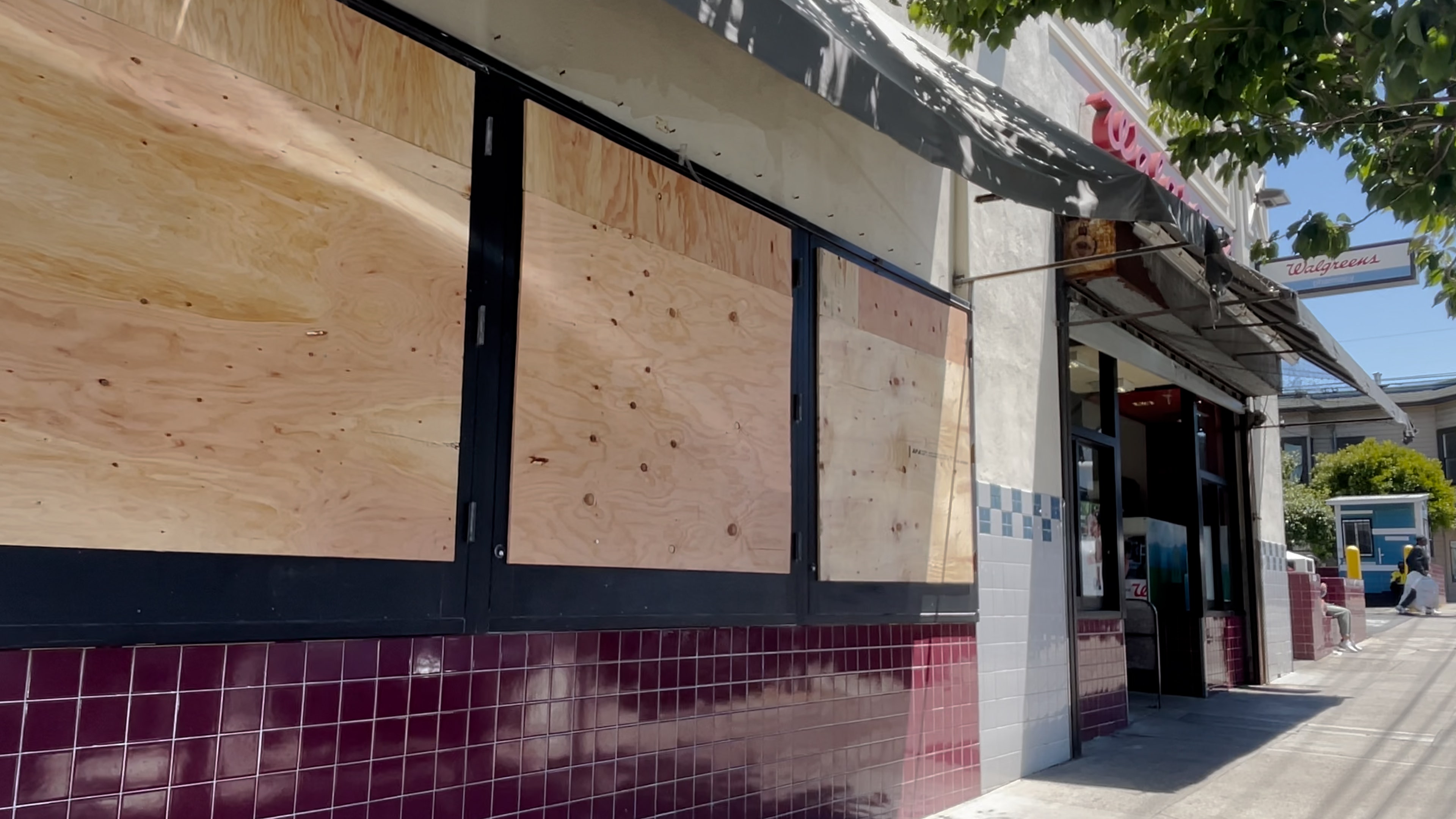 A San Francisco Walgreens drug store with boarded up windows