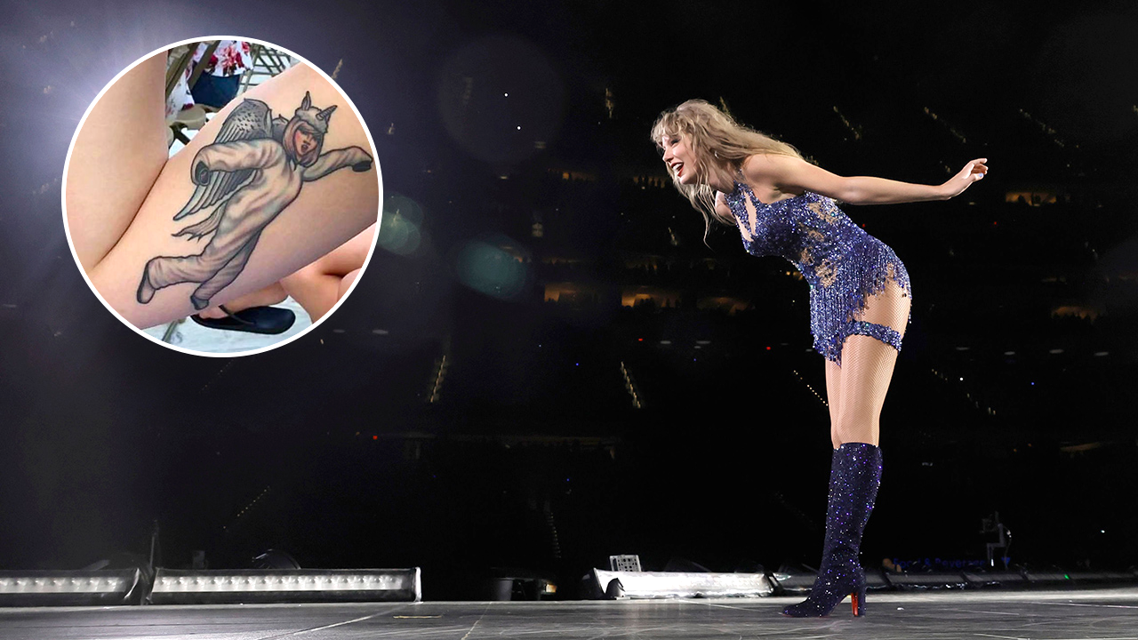 A tattoo of Taylor Swift (inset, left), plus the pop star onstage at SoFi Stadium on Aug. 9, 2023 in Inglewood, California. One fan detailed his passion. (Anthony Ye (inset)/Kevin Winter/TAS23/Getty Images for TAS Rights Management)