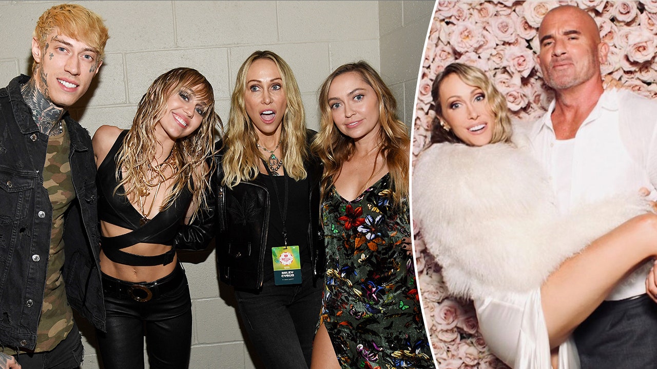 Tish Cyrus was supported by three of her five children at her wedding to Dominic Purcell, including Miley Cyrus. (Kevin Mazur/Getty Images for iHeartMedia/Tish Cyrus Instagram)