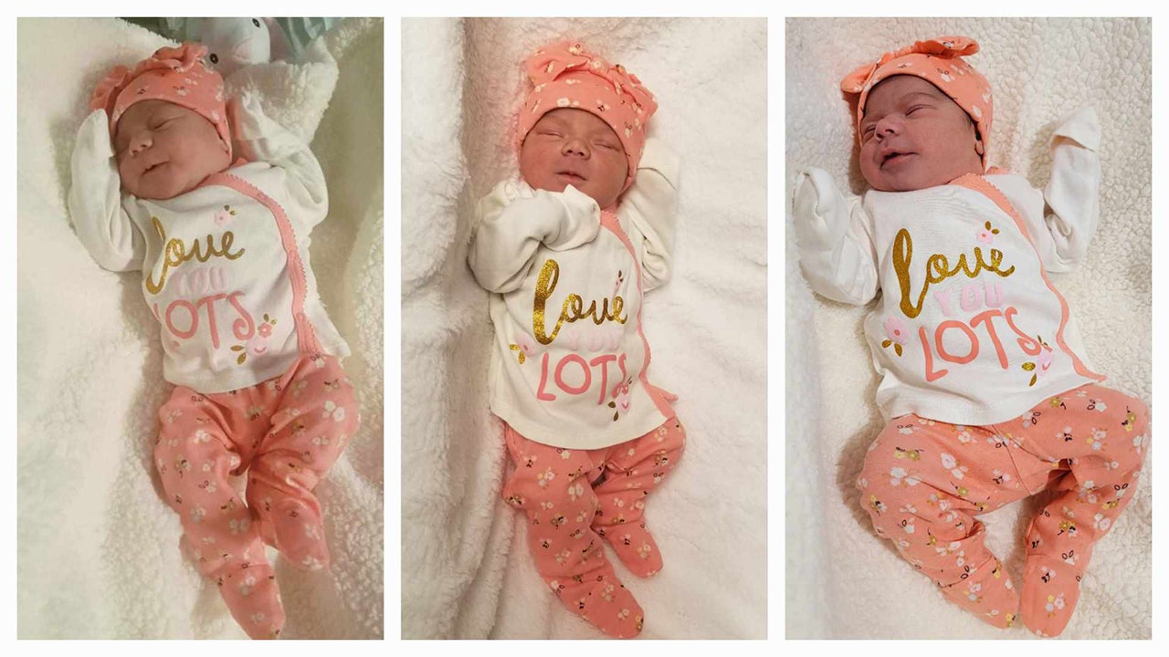 Jasmine Turner (left) was born on Sept. 3, 2020; Jessica Turner (center) was born on Sept. 3, 2021; and Juliet Turner (right) joined the family on Sept. 3, 2023. All three girls are dressed in the same hand-me-down outfit after their births. (Jennifer Turner)