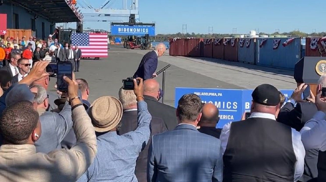 Biden trips in Philadelphia while climbing steps to podium on stage: video