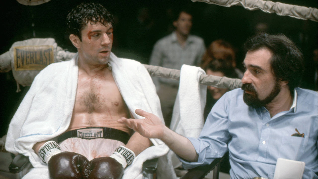 Robert de Niro with Martin Scorsese on the set of "Raging Bull"