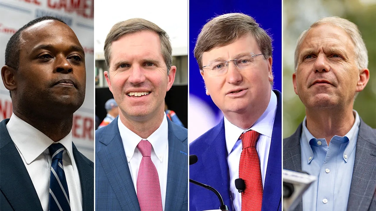 Republican Kentucky Attorney General Daniel Cameron (left) hopes to unseat Democrat Kentucky Gov. Andy Beshear (second) while Republican Mississippi Gov. Tate Reeves (third) is fighting to hold his position against Democrat Mississippi gubernatorial candidate Brandon Presley (right). (Getty Images) (Getty Images)