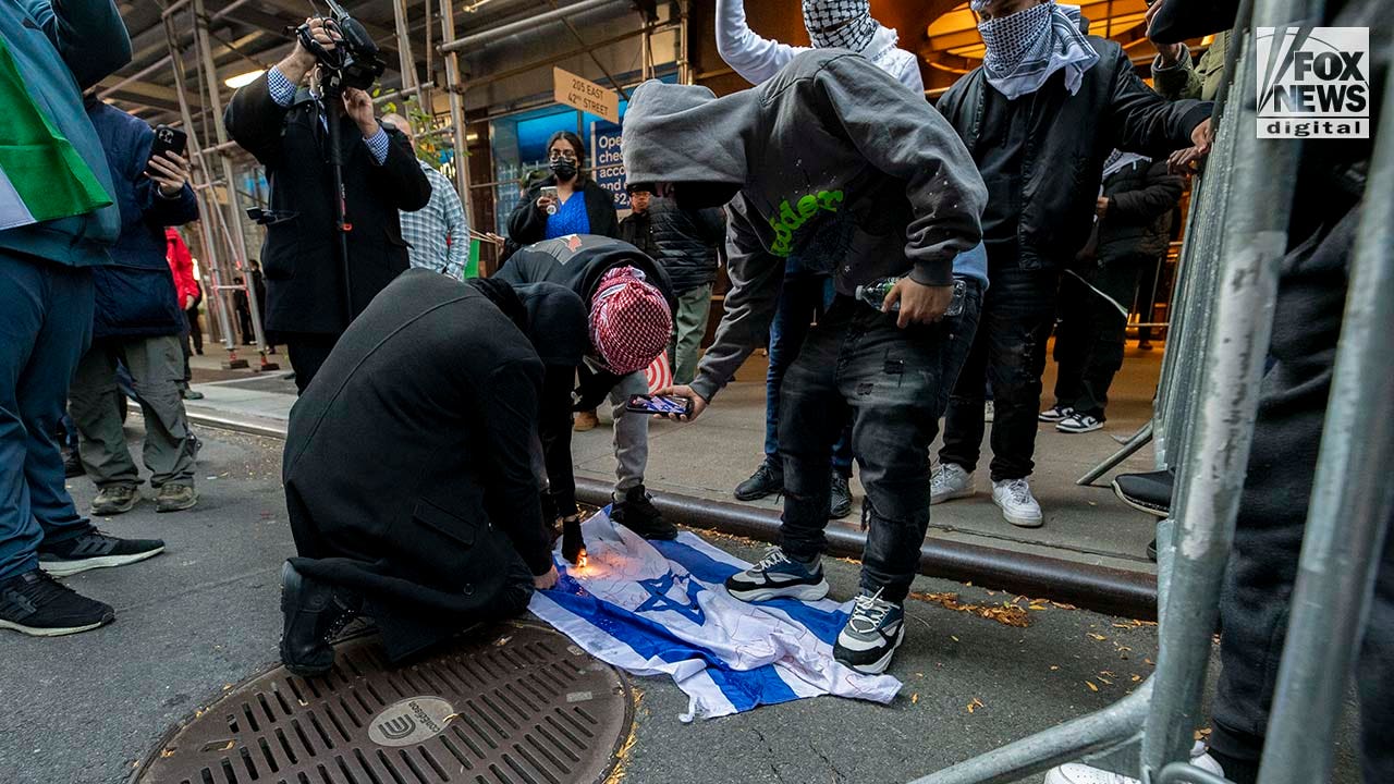 纽约市亲巴勒斯坦抗议者焚烧以色列国旗，践踏寻找以色列人的传单