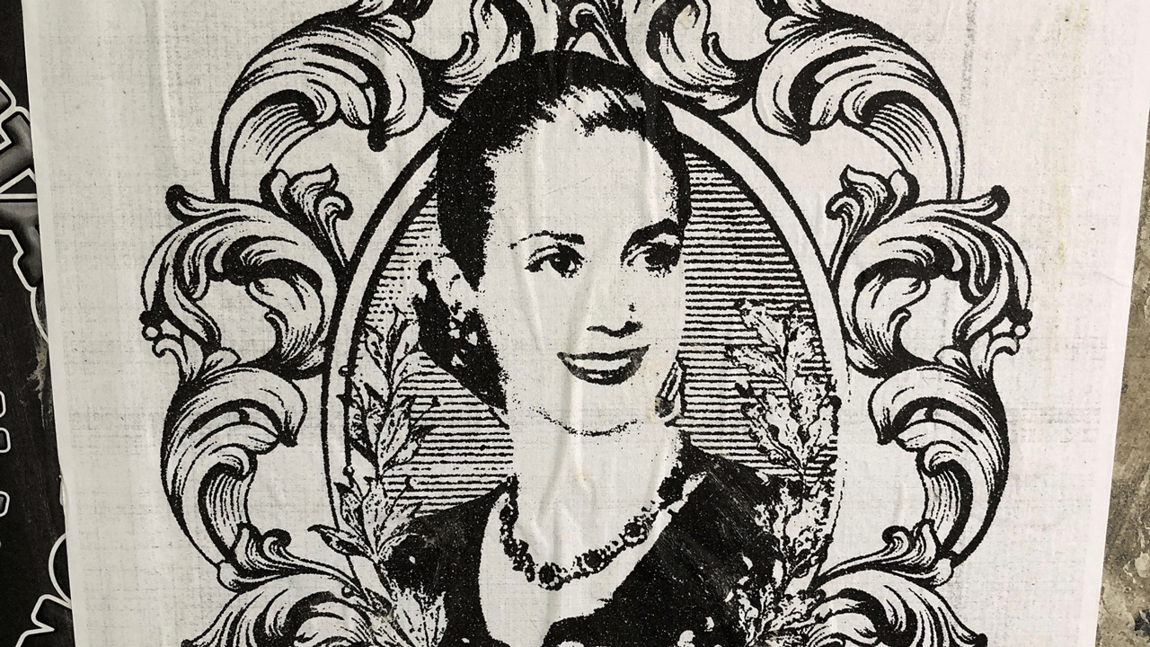 An image of Evita Peron adorns a Peronist campaign poster in downtown Buenos Aires.