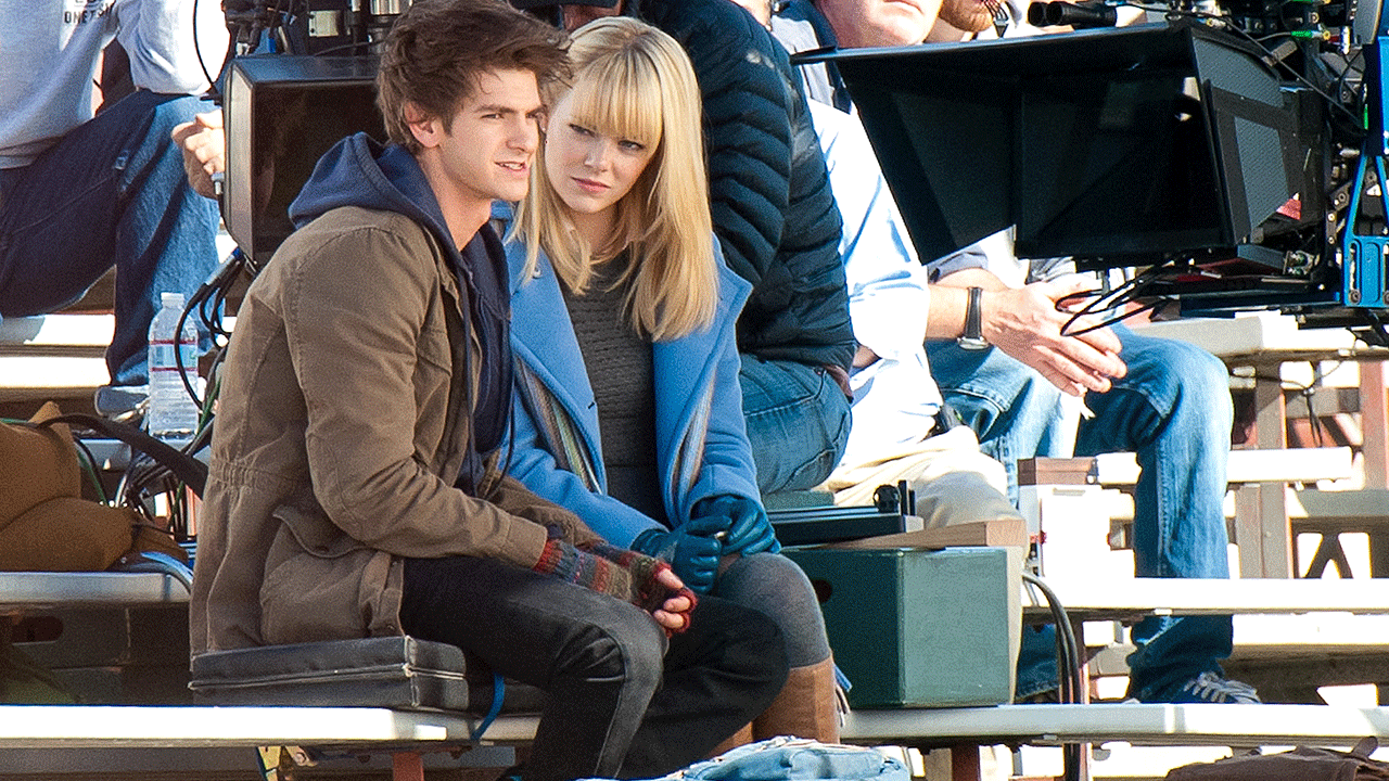 Emma Stone and Andrew Garfield on the set of "The Amazing Spider-Man"