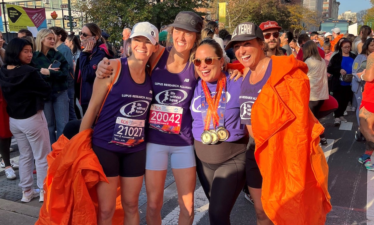 Pictured left to right: Molly Supple Anderson, Sarah Edwards, Rosie Herzog and Laura Haley at the NYC Marathon on Nov. 5, 2023. (Lupus Research Alliance)