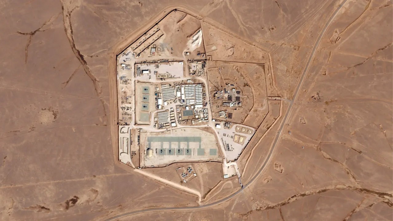 This satellite photo from Planet Labs PBC shows a military base known as Tower 22 in northeastern Jordan, on Oct. 12, 2023. (Planet Labs PBC via AP) (Planet Labs PBC via AP)