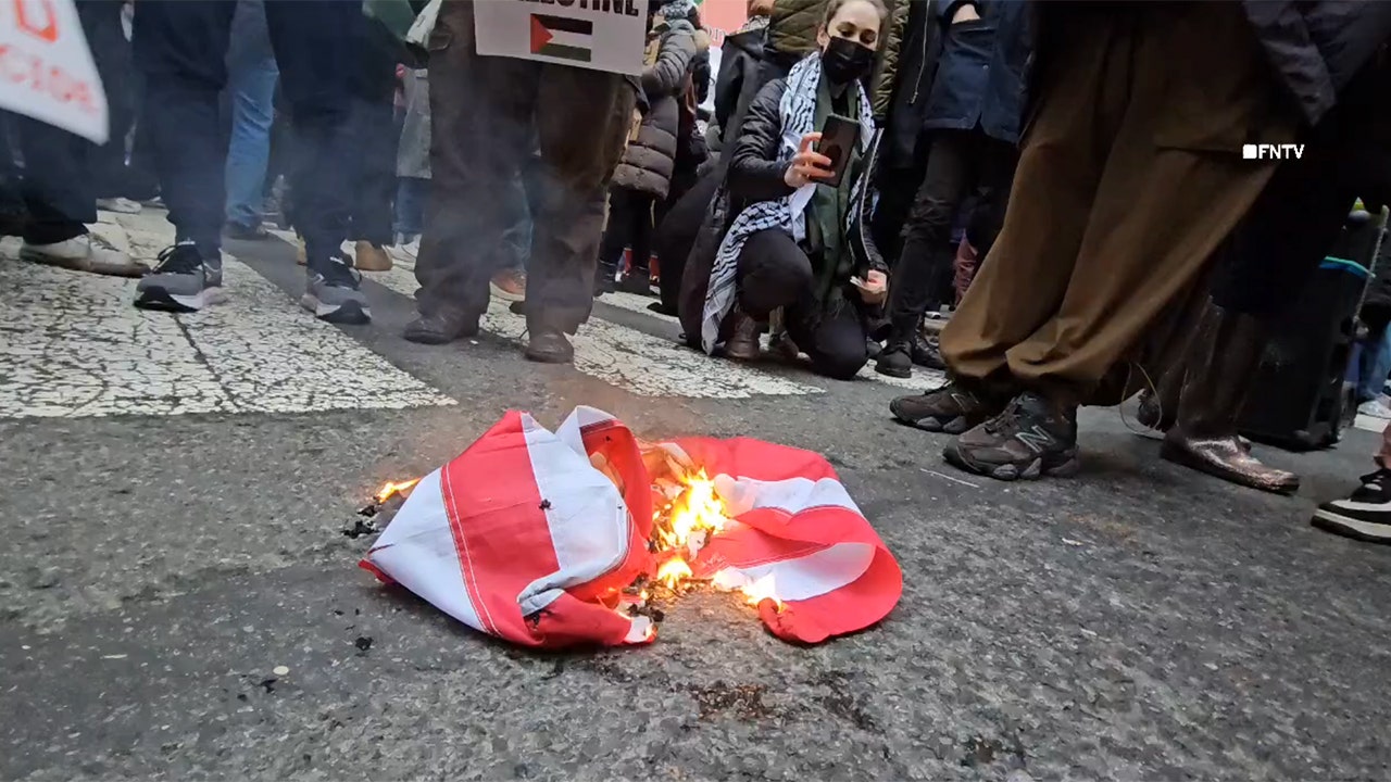 在纽约市，亲巴勒斯坦示威者焚烧美国国旗