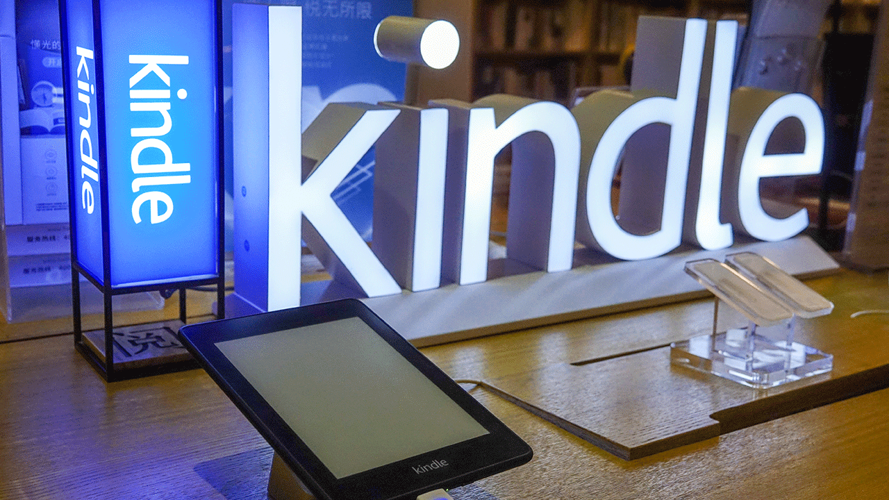 A Kindle e-reader in a store