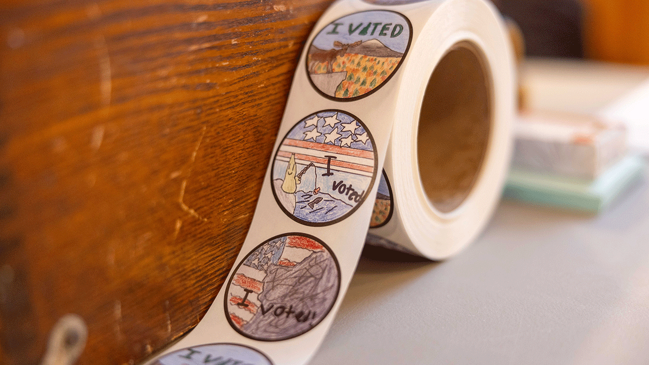 A roll of student designed "I Voted" stickers at voting location in New Hampshire