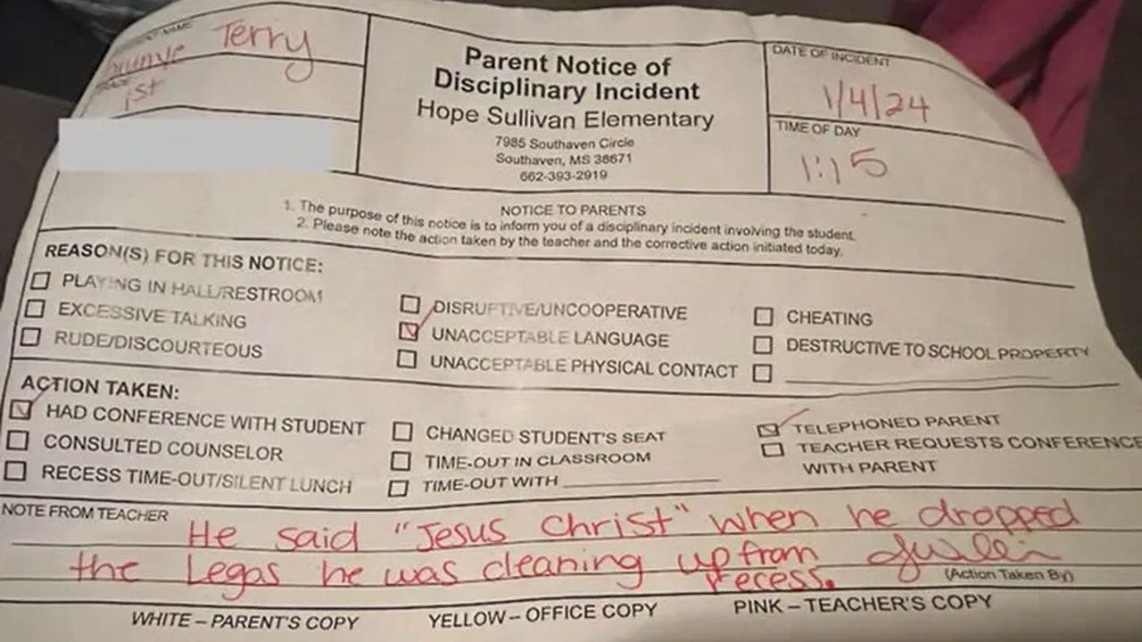 Mississippi mother's post of son's school 'disciplinary incident' for saying 'Jesus Christ' goes viral