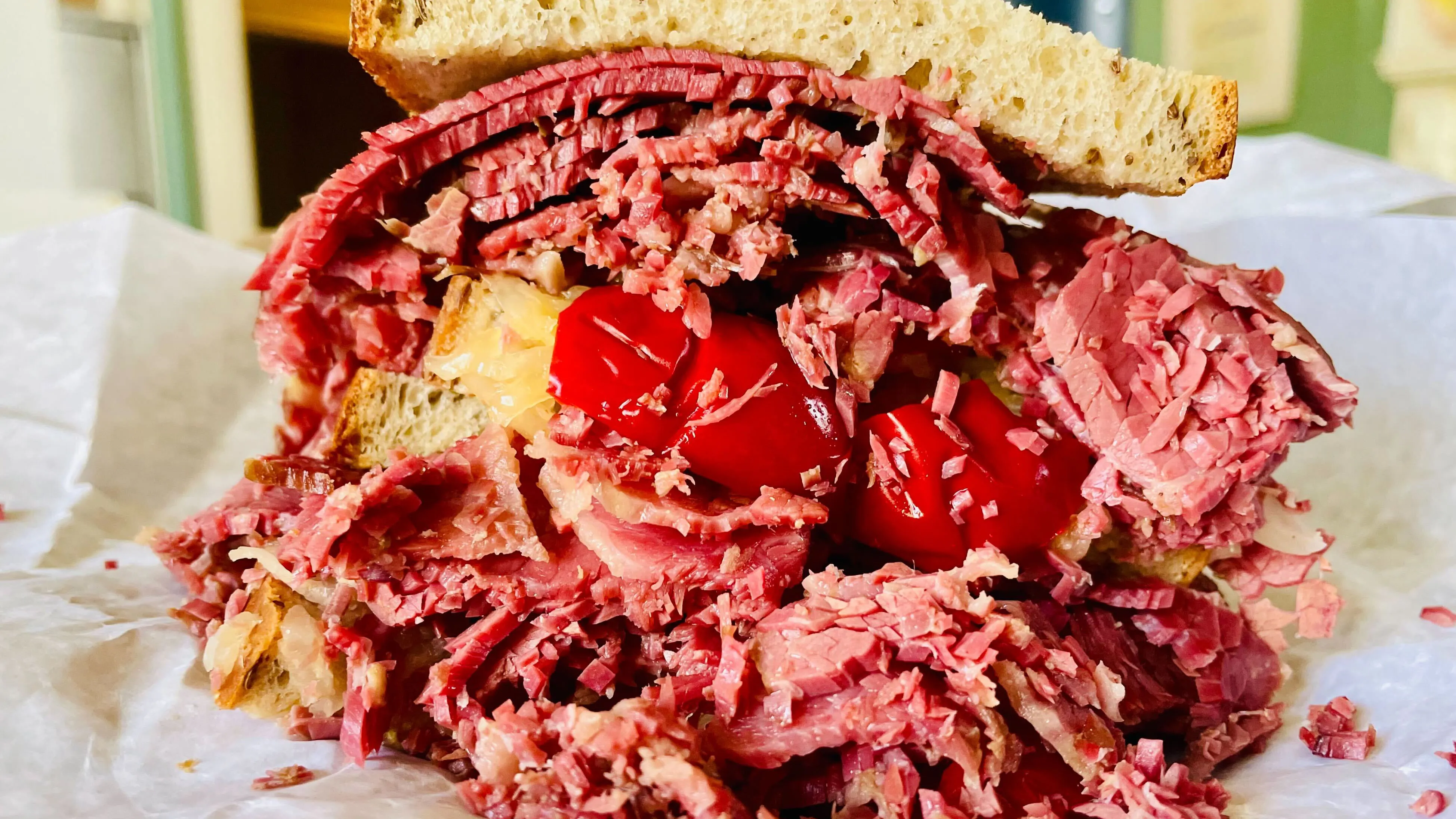 Born in brine and bounded by rye, the layers of corned beef serve as pages that tell the delicious story of the American experience. (Kerry J. Byrne/Fox News Digital)