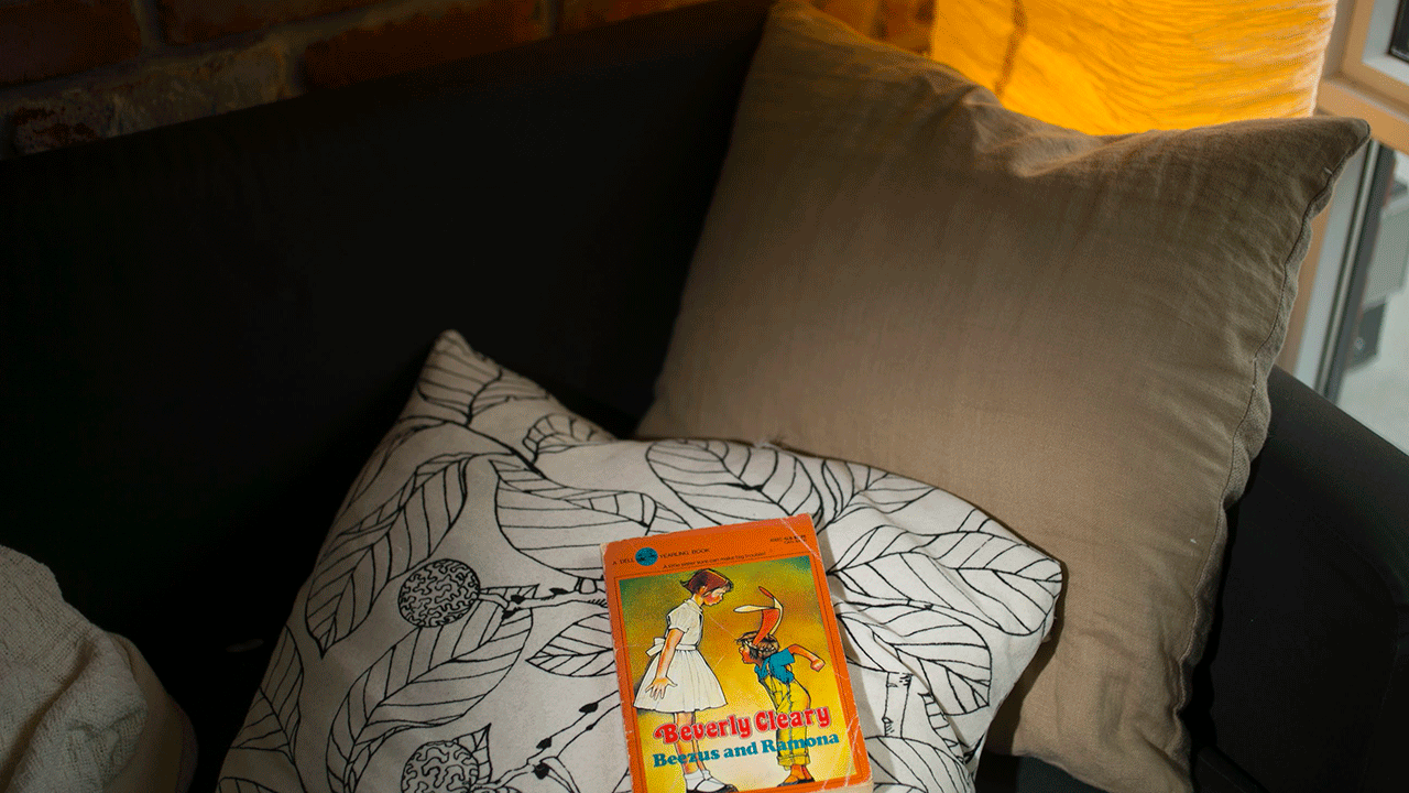 "Beezus and Ramona" book on a couch